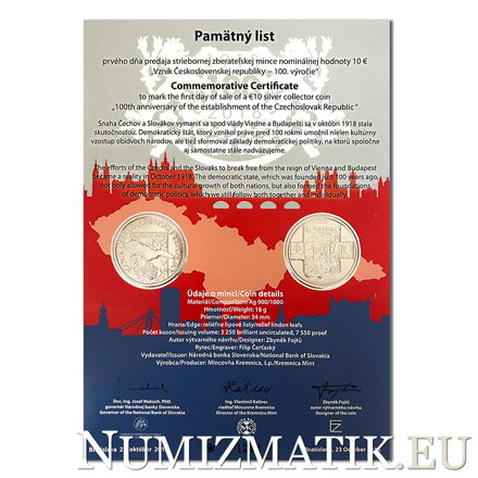 Pamätný list 10 EURO/2018 - 100. výročie vzniku Československej republiky