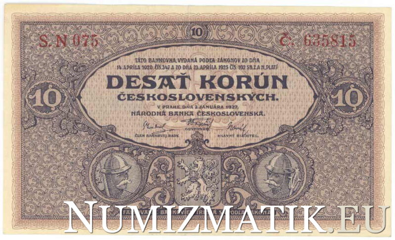 10 Kč/1927 séria N, neperforovaná