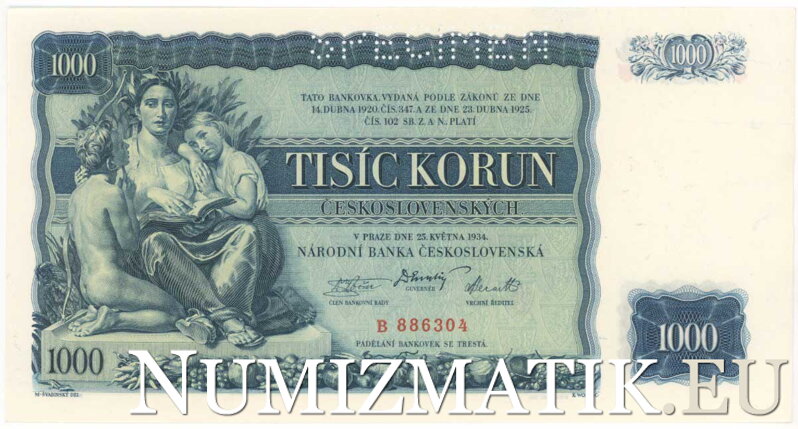 1000 Kč/1934 séria B, 1x SPECIMEN
