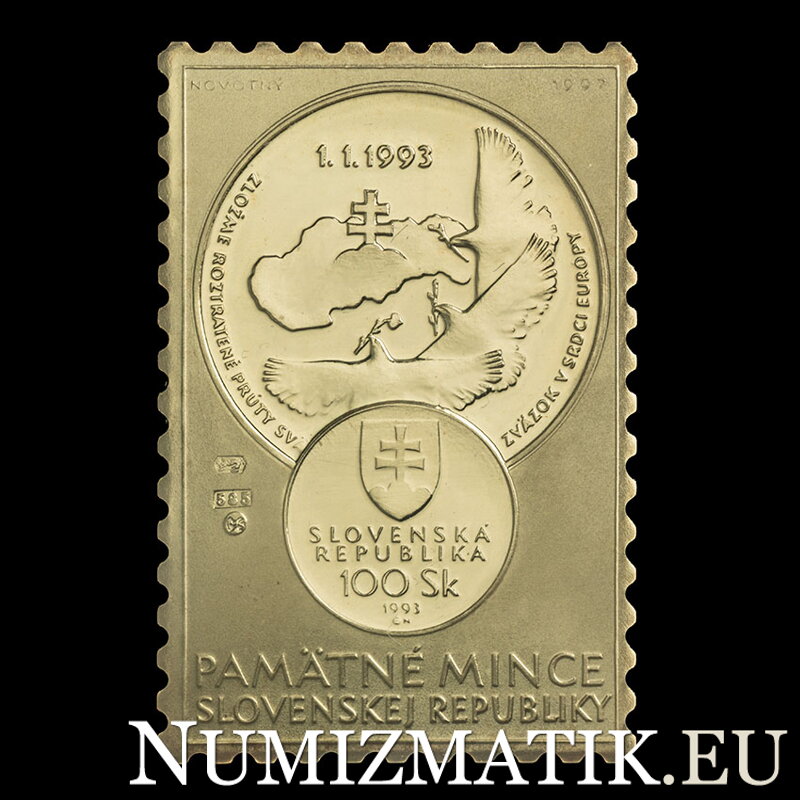 Formation of the Slovak Republic - gold plaque with the image of the first commemorative coin - Š. Novotny