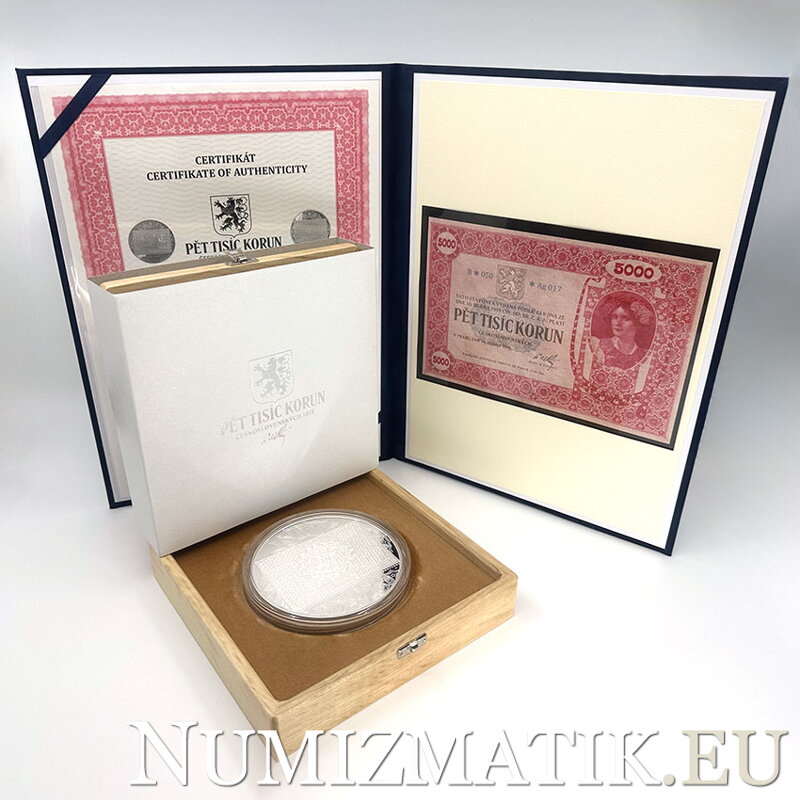 5000 Kč 1919 - silver 1 kg medal and reprint currency note