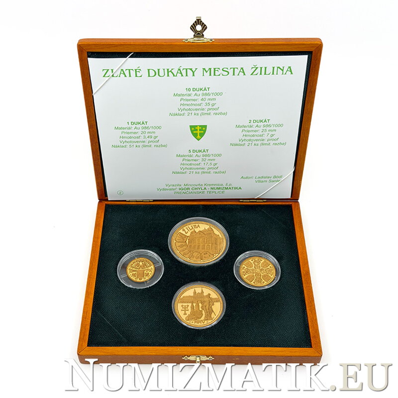 Gold ducats of the city of Žilina - 1, 2, 5, 10 ducats in a case