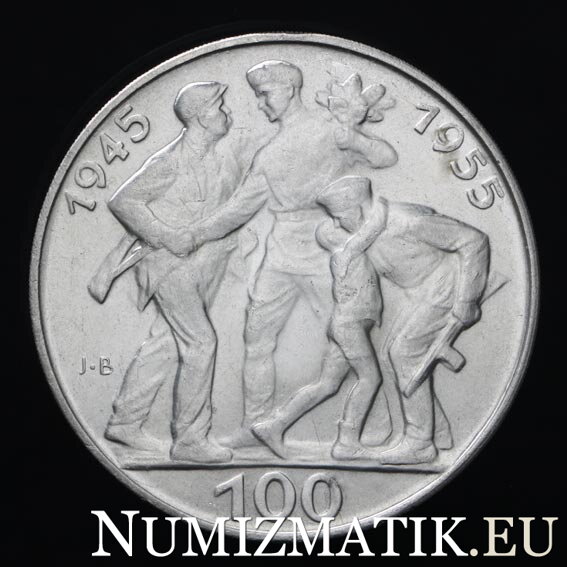 100 Kčs/1955 - Oslobodenie Československa - 10. výročie (varianta b, oblé "J")