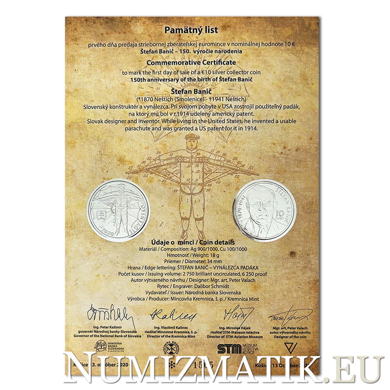 Pamätný list 10 EURO/2020 - Štefan Banič - 150. výročie narodenia