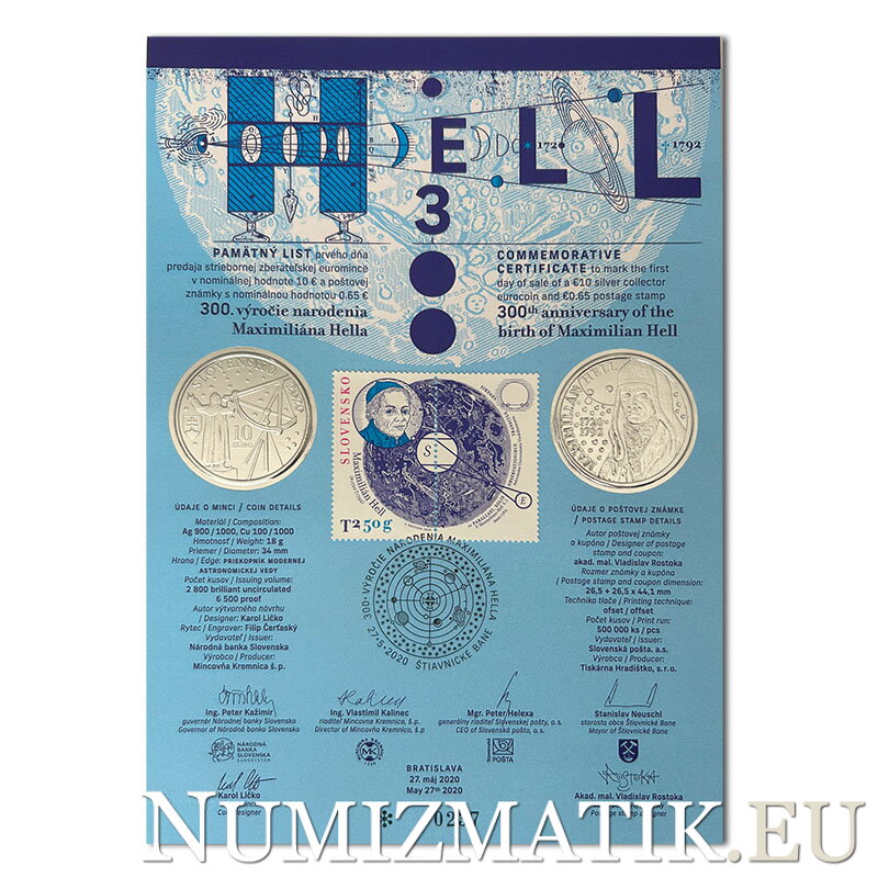 Commemorative Certificate 10 EURO/2020 - Maximilián Hell - 300th anniversary of the birth