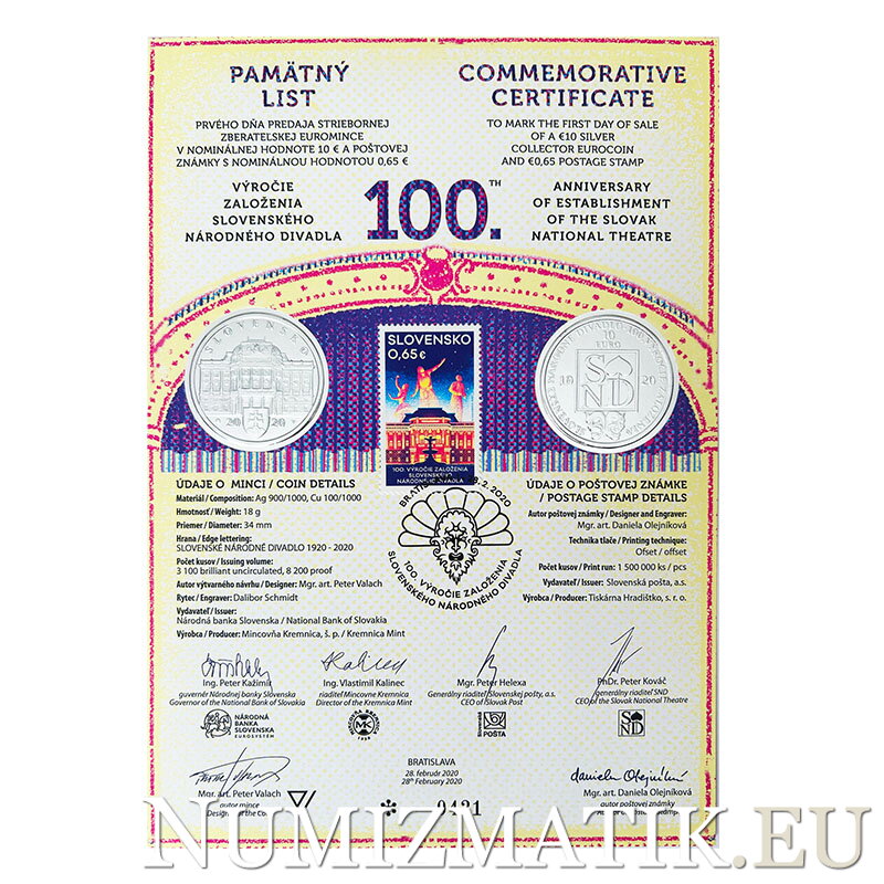 Pamätný list 10 EURO/2020 - Slovenské národné divadlo - 100. výročie založenia