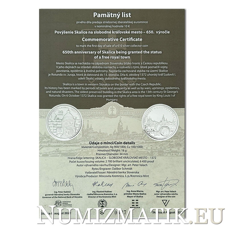 Pamätný list 10 EURO/2022 - Povýšenie Skalice na slobodné kráľovské mesto - 650. výročie