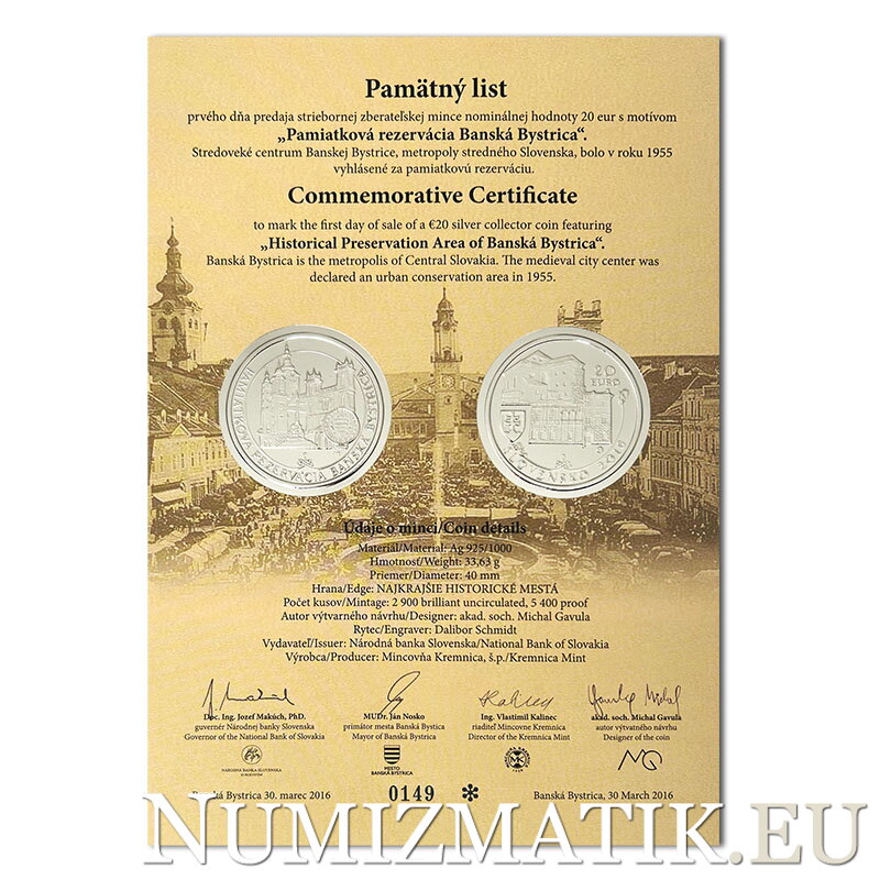 Pamätný list 20 EURO/2016 - Pamiatková rezervácia Banská Bystrica