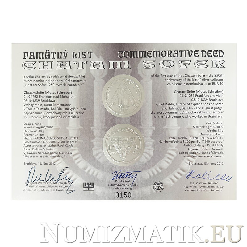 Commemorative Certificate 10 EURO/2012 - Chatam Sofer – 250th anniversary of the birth