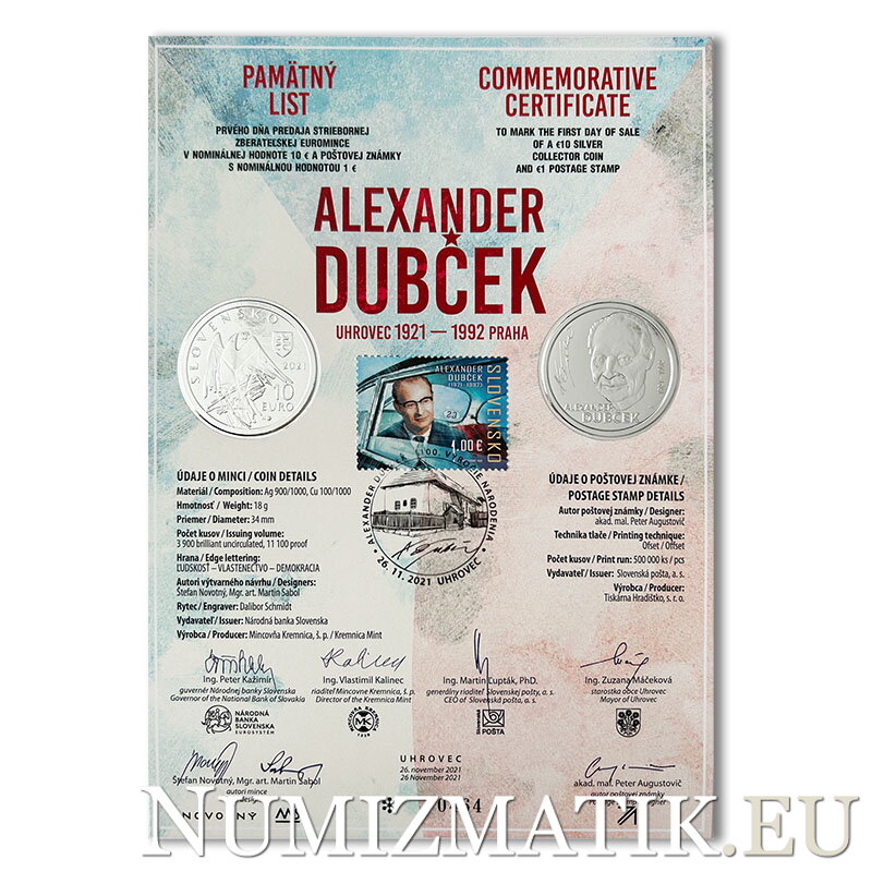 Pamätný list 10 EURO/2021 - Alexander Dubček - 100. výročie narodenia