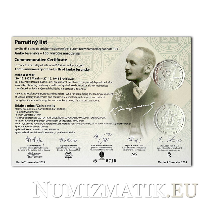 Pamätný list 10 EURO/2024 - Janko Jesenský - 150. výročie narodenia