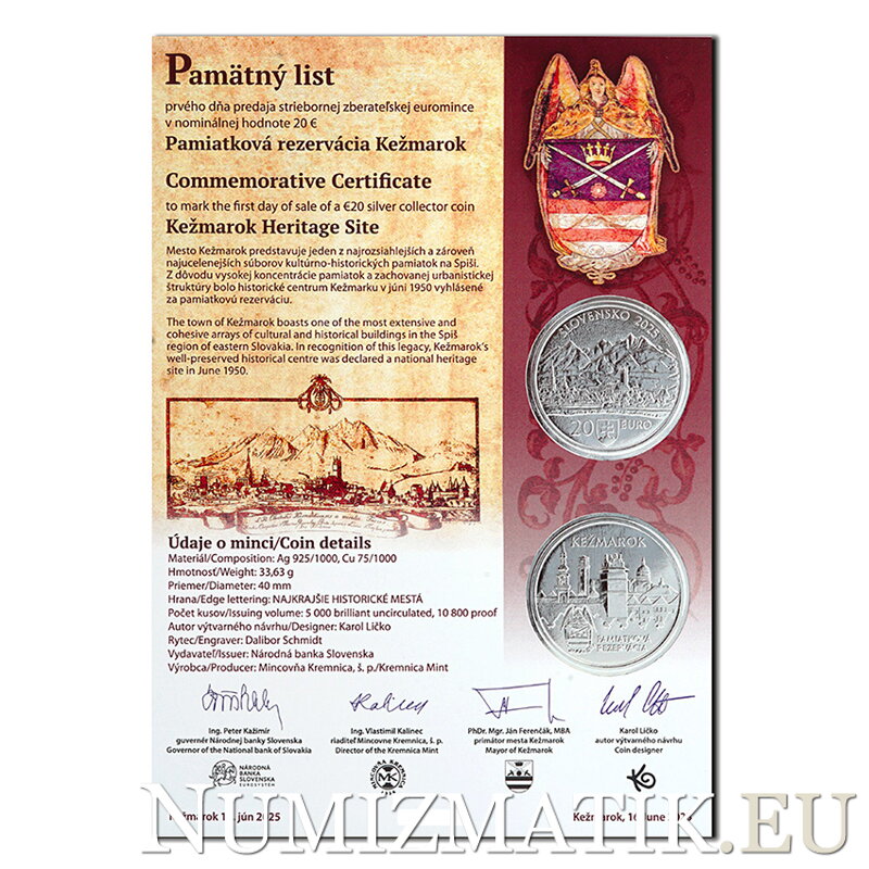 Commemorative Certificate 20 EURO/2025 - Kežmarok Heritage Site