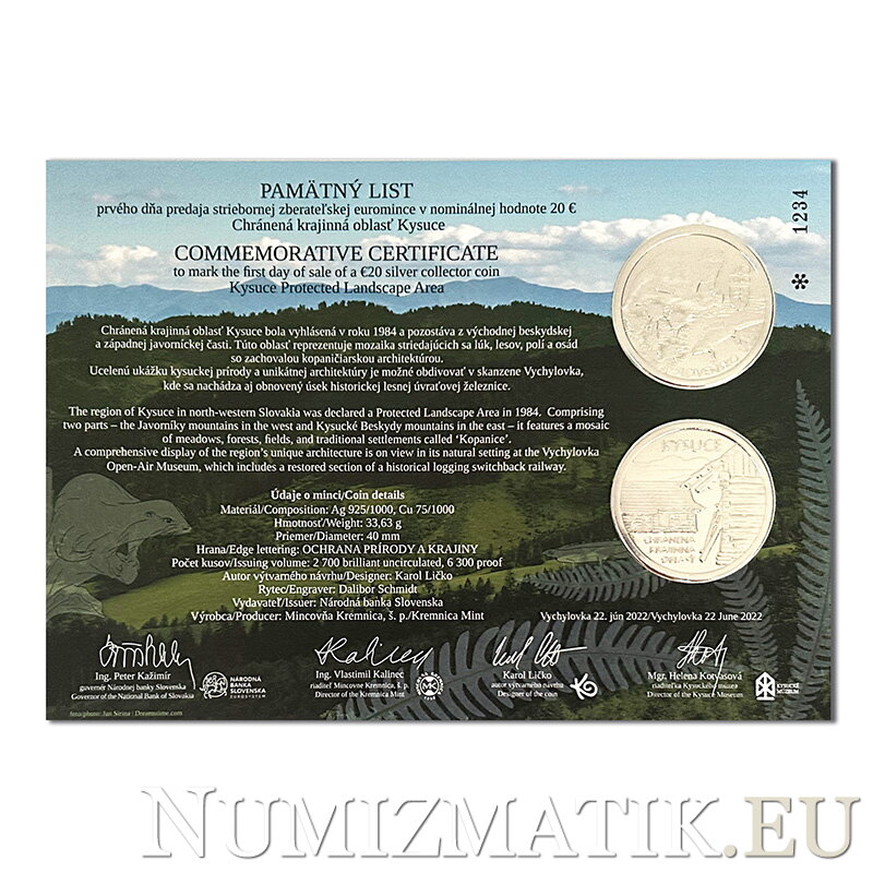 Commemorative Certificate 20 EURO/2022 - Kysuce Protected Landscape Area