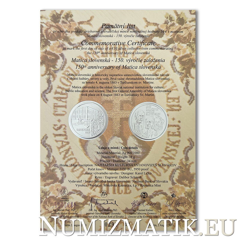Pamätný list 10 EURO/2013 - Matica slovenská - 150. výročie