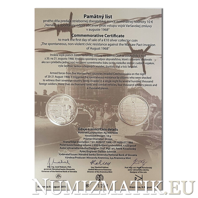 Pamätný list 10 EURO/2018 - Nenásilný spontánny odpor občanov proti vstupu vojsk Varšavskej zmluvy v auguste 1968