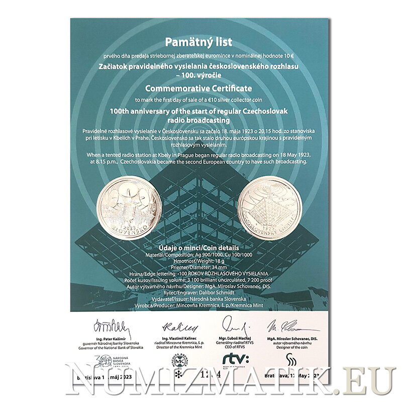 Commemorative Certificate 10 EURO/2023 - 100th anniversary of the start of regular broadcasting by Czechoslovak Radio