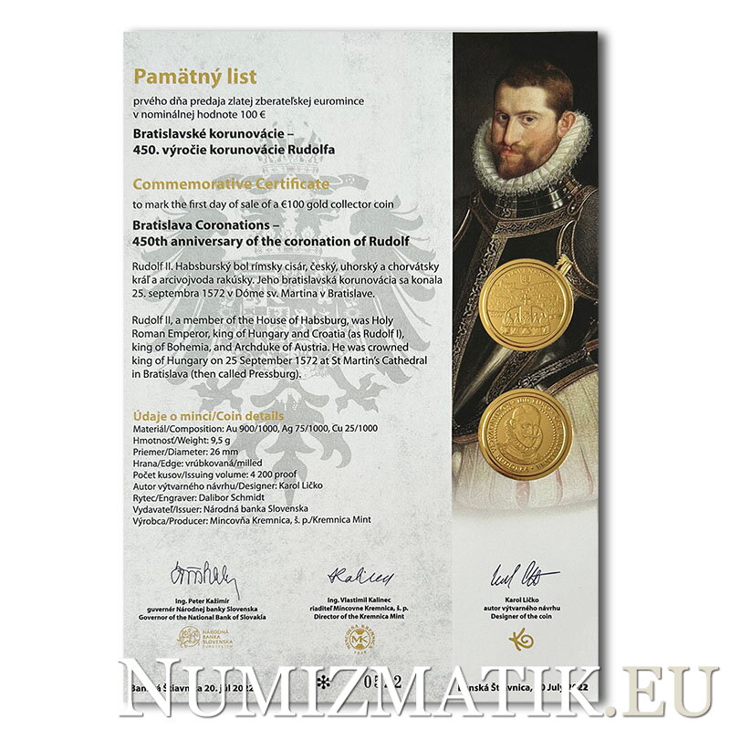 Commemorative Certificate 100 EURO/2022 - Bratislava coronations – 450th anniversary of the coronation of Rudolf