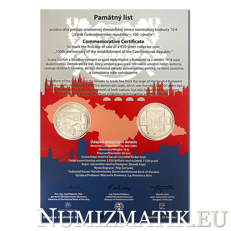 Commemorative Certificate 10 EURO/2018 - 100th anniversary of the establishment of the Czechoslovak Republic