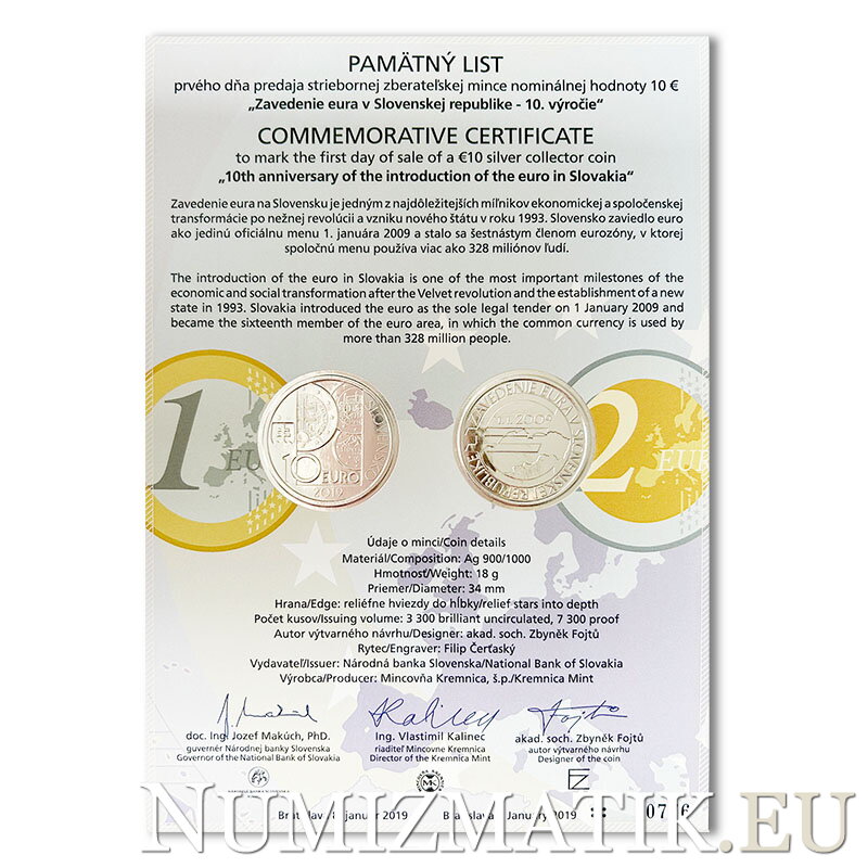 Pamätný list 10 EURO/2019 - Zavedenie eura v Slovenskej republike - 10. výročie