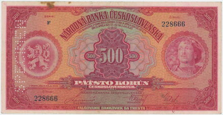 500 Kč/1929 - séria F, 1x SPECIMEN zvisle vľavo