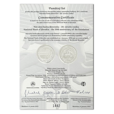 Pamätný list 10 EURO/2013 - Národná banka Slovenska – 20. výročie vzniku