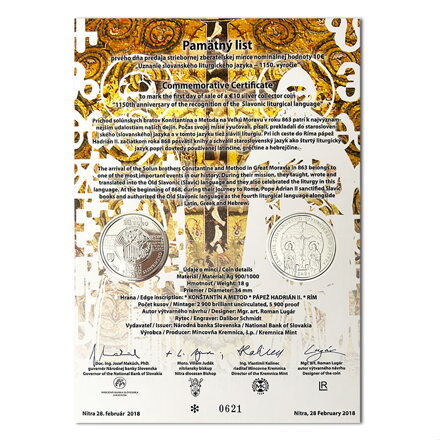 Pamätný list 10 EURO/2018 - Uznanie slovanského liturgického jazyka - 1150. výročie