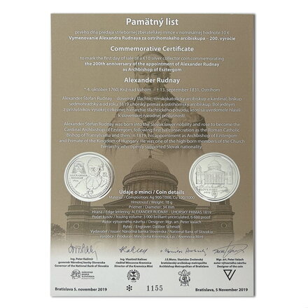 Pamätný list 10 EURO/2019 - Alexander Rudnay - 200. výročie vymenovania za ostrihomského arcibiskupa