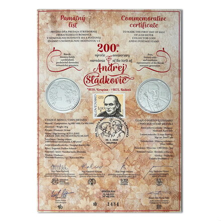 Pamätný list 10 EURO/2020 - Andrej Sládkovič - 200. výročie narodenia