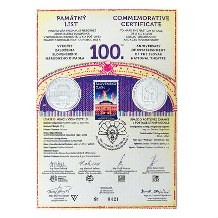Pamätný list 10 EURO/2020 - Slovenské národné divadlo - 100. výročie založenia