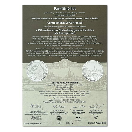 Pamätný list 10 EURO/2022 - Povýšenie Skalice na slobodné kráľovské mesto - 650. výročie