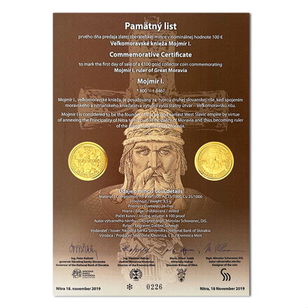 Pamätný list 100 EURO/2019 - Mojmír I. - Veľkomoravské knieža