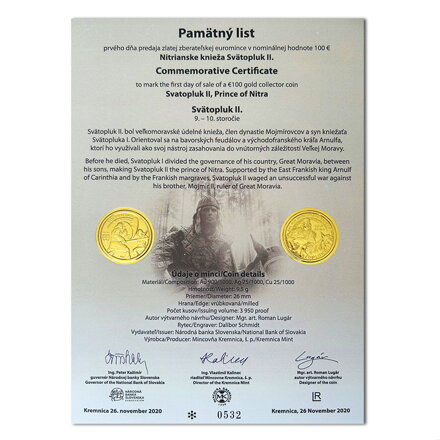 Pamätný list 100 EURO/2020 - Svätopluk II. - Nitrianske knieža
