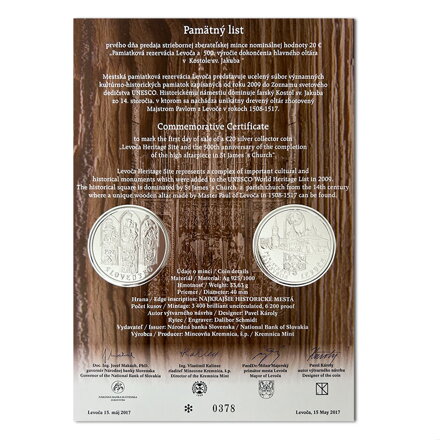 Pamätný list 20 EURO/2017 - Levoča, pamiatková rezervácia a 500. výročie dokončenia hlavného oltára v Kostole sv. Jakuba