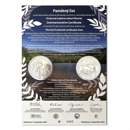 Pamätný list 20 EURO/2023 - Vihorlat, chránená krajinná oblasť