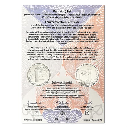 Pamätný list 25 EURO/2018 - Slovenská republika – 25. výročie vzniku