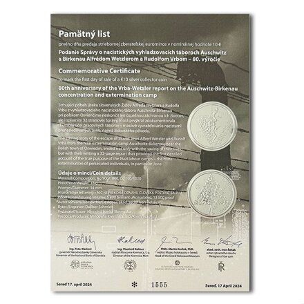 Pamätný list 10 EURO/2024 - Podania Správy o nacistických vyhladzovacích táboroch Auschwitz a Birkenau Alfrédom Wetzlerom a Rudolfom Vrbom - 80. výročie