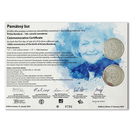 Pamätný list 10 EURO/2023 - Krista Bendová - 100. výročie narodenia