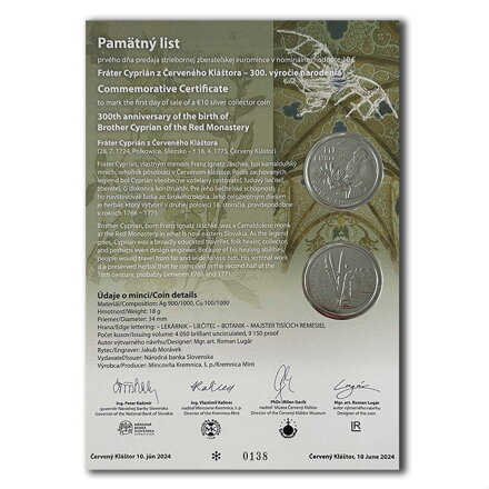 Pamätný list 10 EURO/2024 - Fráter Cyprián z Červeného Kláštora - 300. výročie narodenia