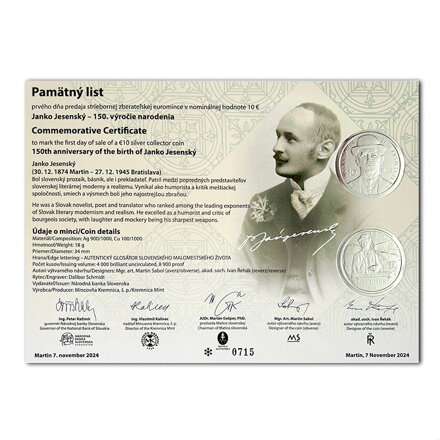 Pamätný list 10 EURO/2024 - Janko Jesenský - 150. výročie narodenia