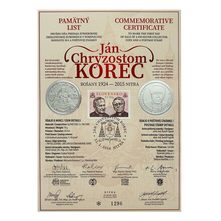 Pamätný list 10 EURO/2024 - Ján Chryzostom Korec - 100. výročie narodenia