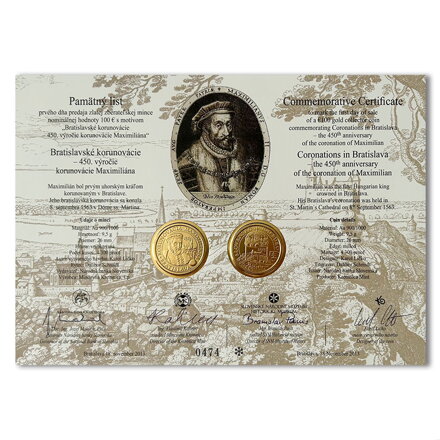 Pamätný list 100 Euro/2013 - Maximilián – 450. výročie korunovácie v Bratislave