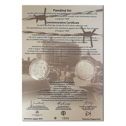 Pamätný list 10 EURO/2018 - Nenásilný spontánny odpor občanov proti vstupu vojsk Varšavskej zmluvy v auguste 1968