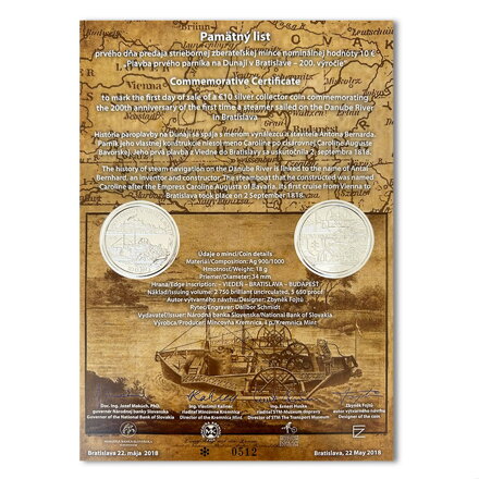 Pamätný list 10 EURO/2018 - Plavba prvého parníka na Dunaji v Bratislave - 200. výročie