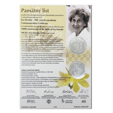 Pamätný list 10 EURO/2026 - Eva Siracká - 100. výročie narodenia
