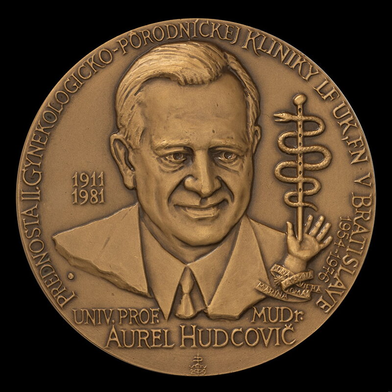Univ. Prof. MUDr. Aurel Hudcovič, head of the 2nd Gynecological and Obstetrics Clinic of the Faculty of Medicine of the University of Bratislava, University Hospital in Bratislava, 2009- AE medal - M. Polonský 