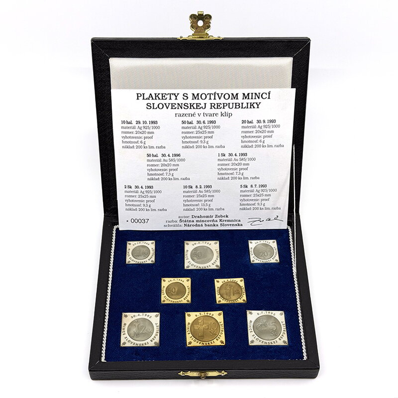 Plakety s motívom mincí Slovenskej republiky - zlaté a strieborné klipy v etui