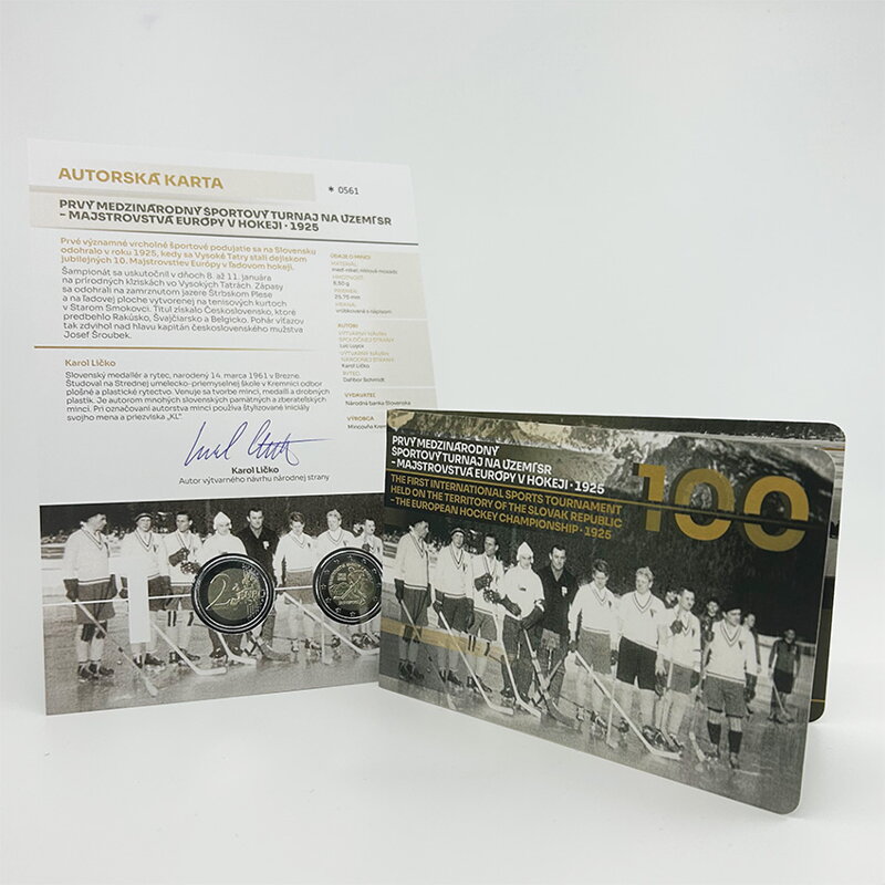 2 EURO/2025 - European Ice Hockey Championship - 100th anniversary of the first international sports tournament in the Slovak Republic, collector's card + token + author's card