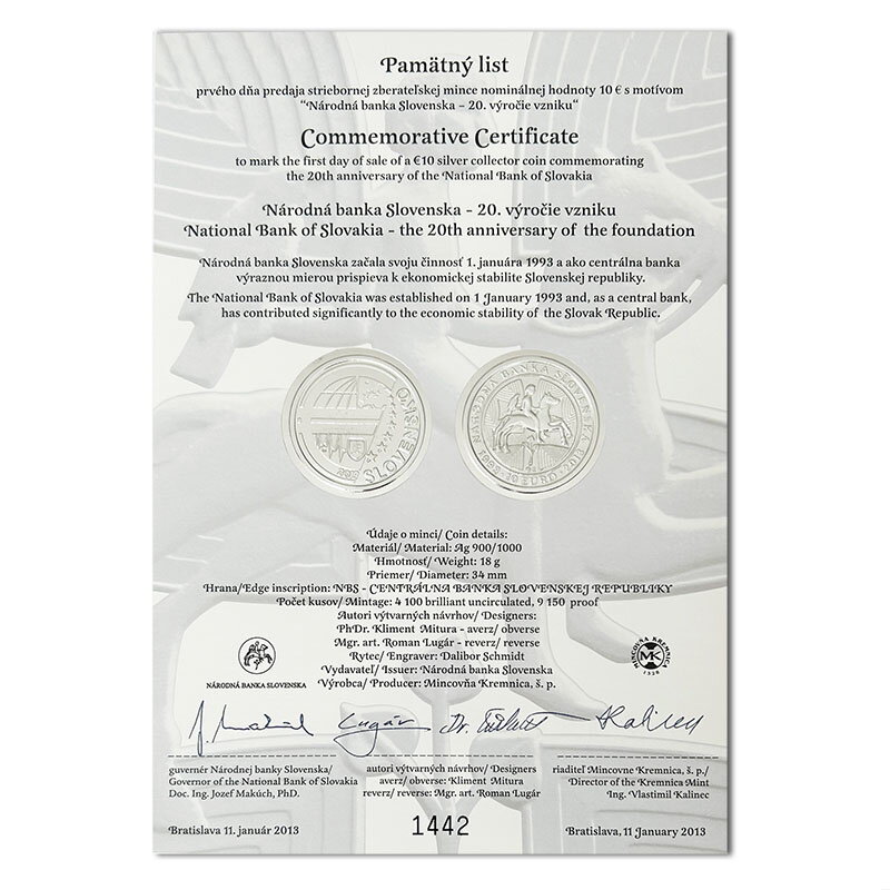 Pamätný list 10 EURO/2013 - Národná banka Slovenska – 20. výročie vzniku