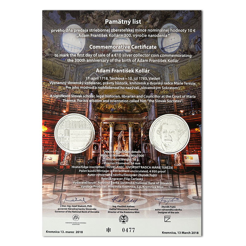 Commemorative Certificate 10 EURO/2018 - Adam František Kollár - 300th anniversary of the birth
