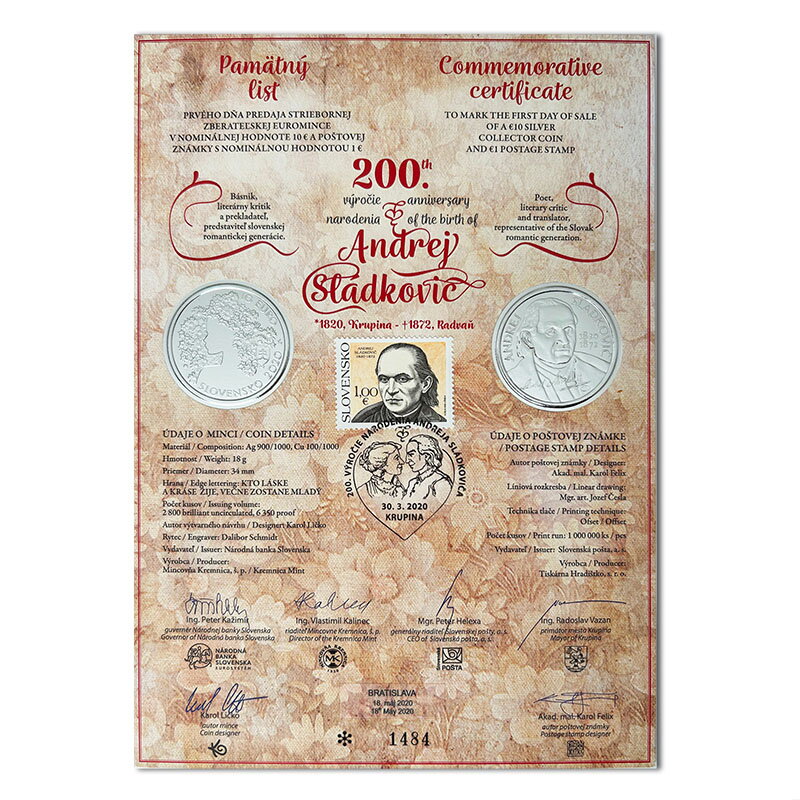 Commemorative Certificate 10 EURO/2020 - Andrej Sládkovič - 200th anniversary of the birth